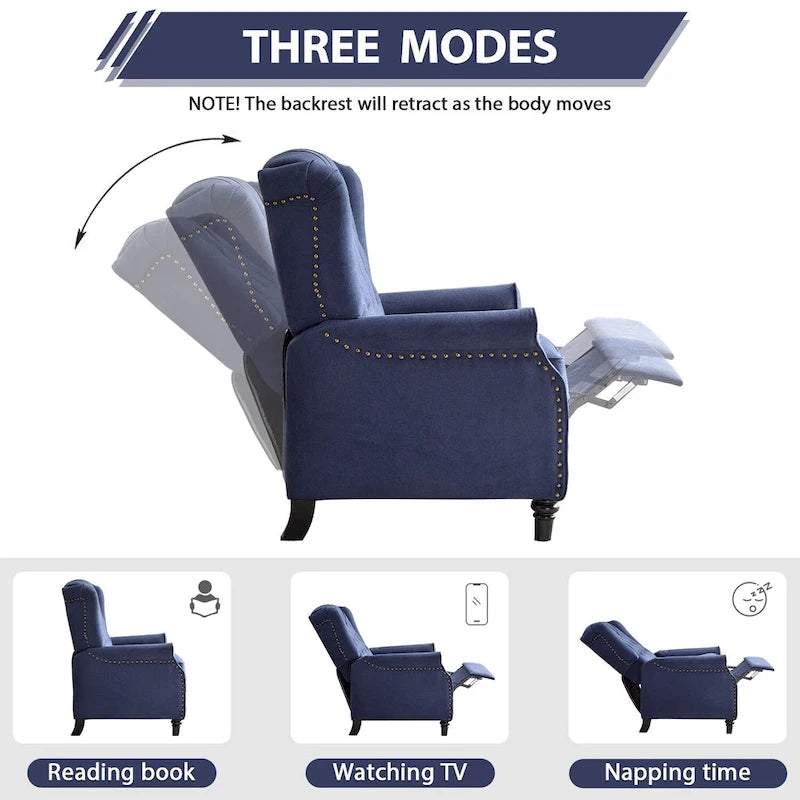 Fauteuil inclinable contemporain à pousser – Capitonnage diamant, garniture cloutée, 4 couleurs