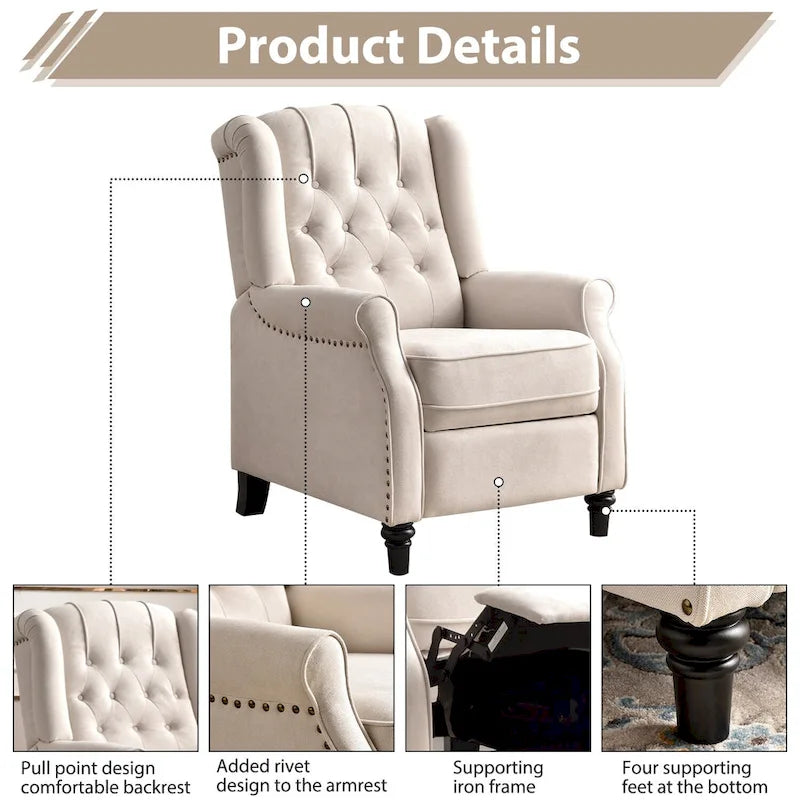 Fauteuil inclinable contemporain à pousser – Capitonnage diamant, garniture cloutée, 4 couleurs