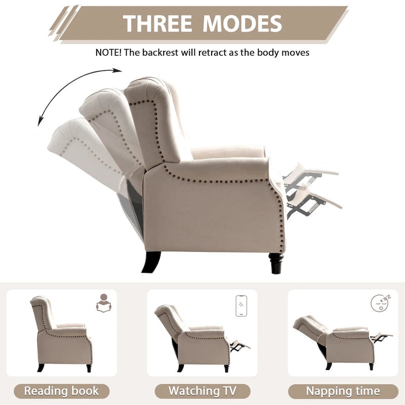 Fauteuil inclinable contemporain à pousser – Capitonnage diamant, garniture cloutée, 4 couleurs