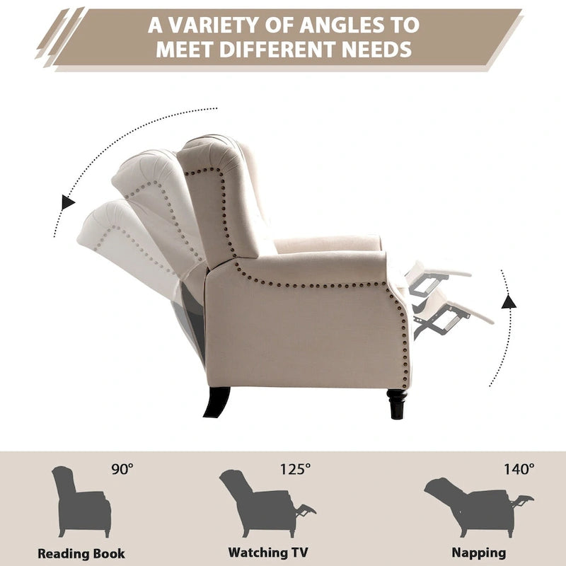 Fauteuil inclinable contemporain à pousser – Capitonnage diamant, garniture cloutée, 4 couleurs