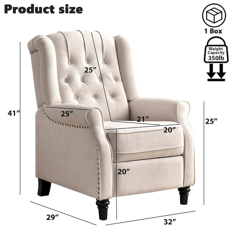 Fauteuil inclinable contemporain à pousser – Capitonnage diamant, garniture cloutée, 4 couleurs