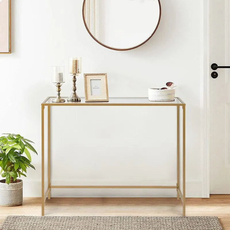 Console moderne à cadre doré – Plateau en verre trempé de 5 mm avec cadre en métal bronze-or