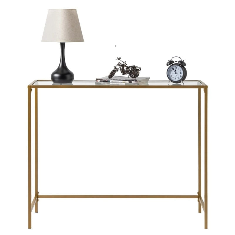 Console moderne à cadre doré – Plateau en verre trempé de 5 mm avec cadre en métal bronze-or