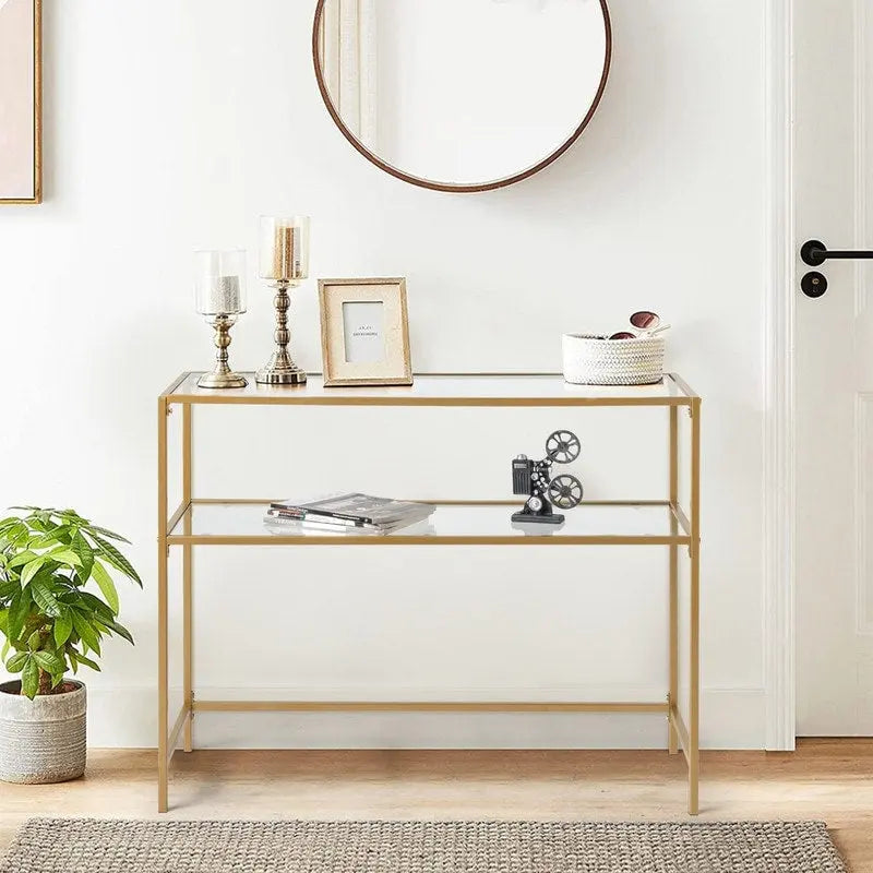 Console moderne à cadre doré – Plateau en verre trempé de 5 mm avec cadre en métal bronze-or