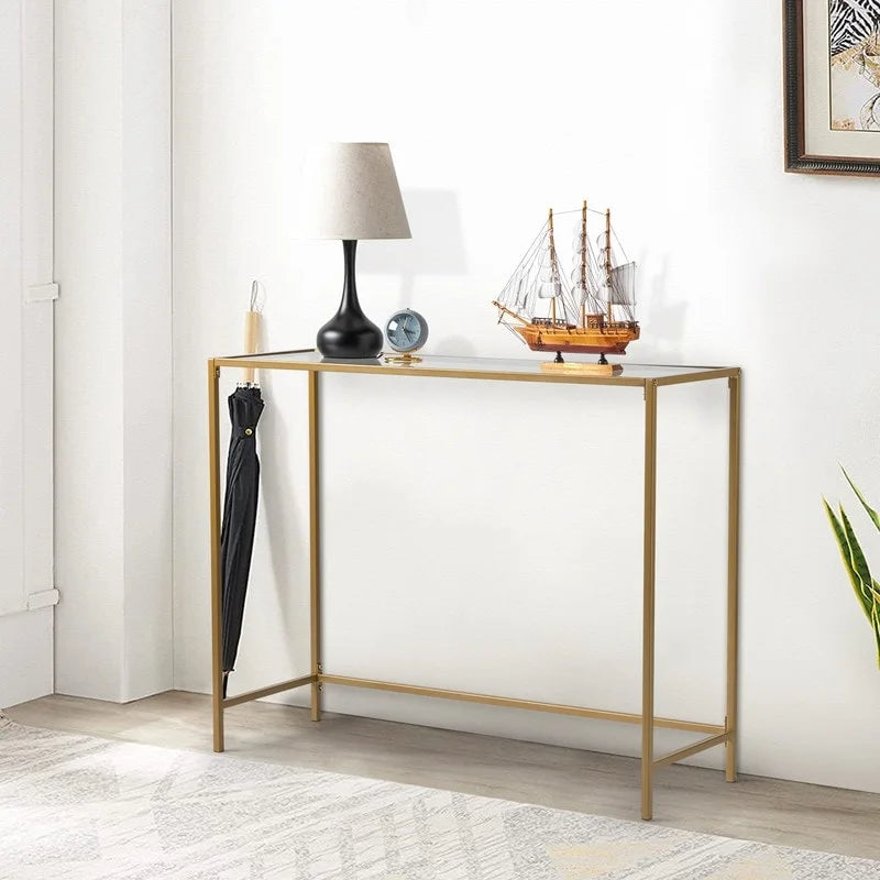 Console moderne à cadre doré – Plateau en verre trempé de 5 mm avec cadre en métal bronze-or