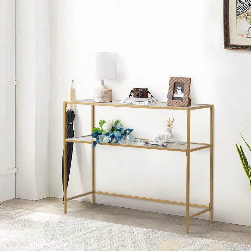 Console moderne à cadre doré – Plateau en verre trempé de 5 mm avec cadre en métal bronze-or