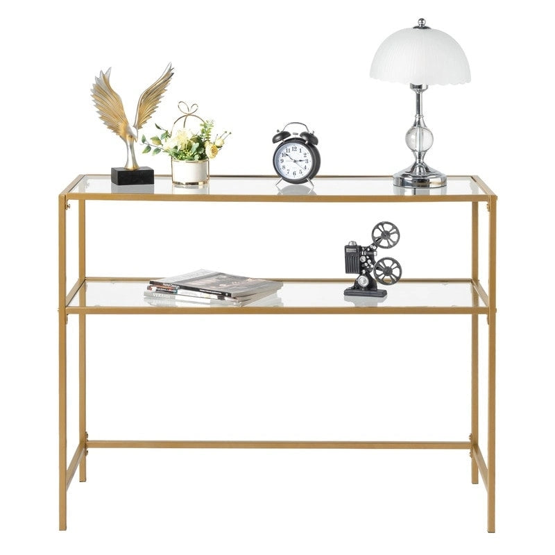 Console moderne à cadre doré – Plateau en verre trempé de 5 mm avec cadre en métal bronze-or