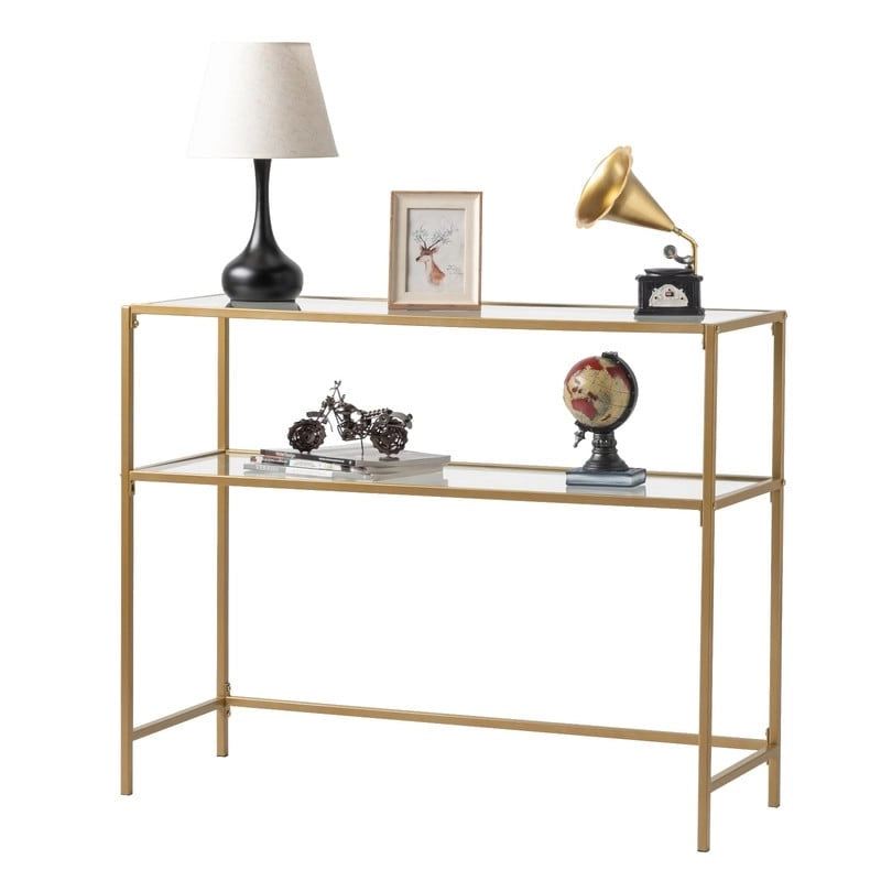Console moderne à cadre doré – Plateau en verre trempé de 5 mm avec cadre en métal bronze-or