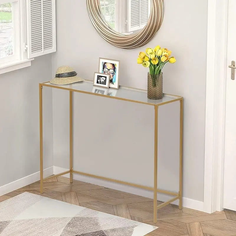 Console moderne à cadre doré – Plateau en verre trempé de 5 mm avec cadre en métal bronze-or