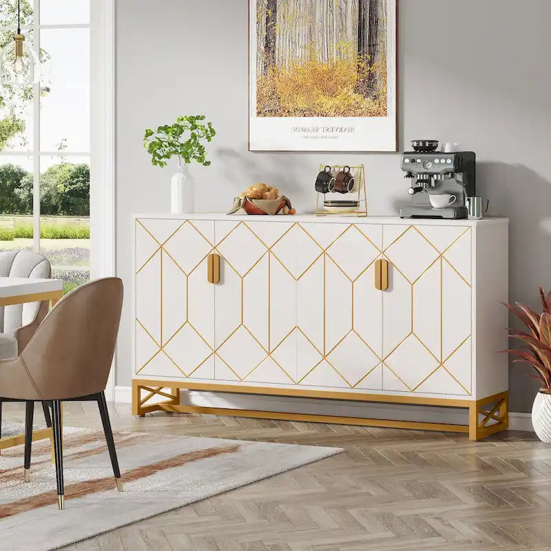 Buffet moderne 4 portes style Mid-Century – Blanc et doré avec pieds en métal