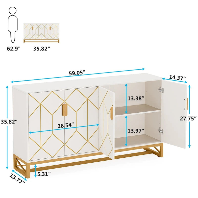 Buffet moderne 4 portes style Mid-Century – Blanc et doré avec pieds en métal
