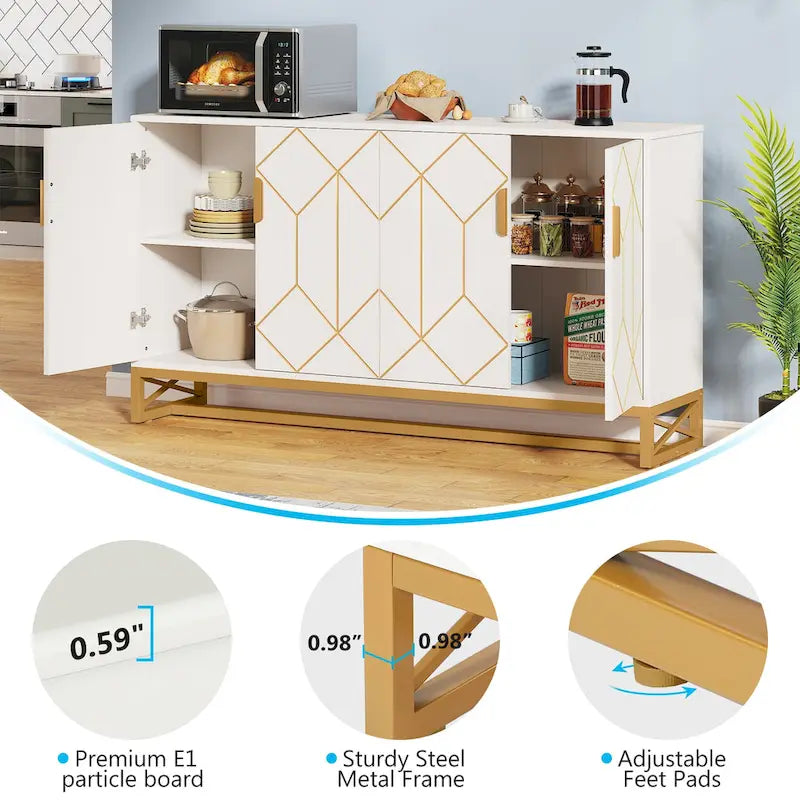 Buffet moderne 4 portes style Mid-Century – Blanc et doré avec pieds en métal