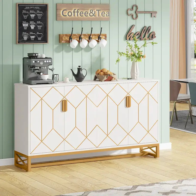 Buffet moderne 4 portes style Mid-Century – Blanc et doré avec pieds en métal