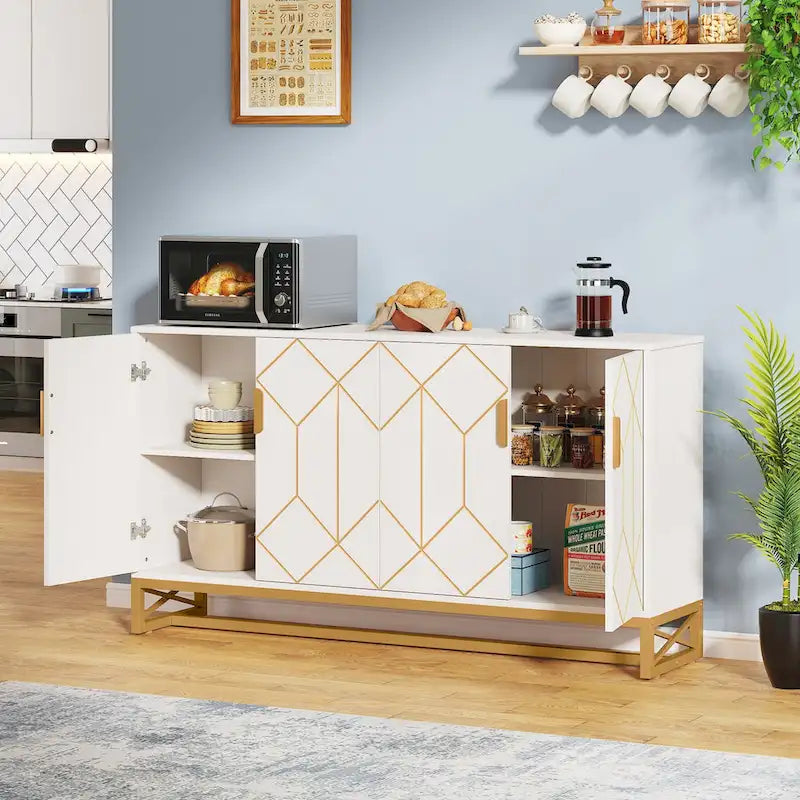Buffet moderne 4 portes style Mid-Century – Blanc et doré avec pieds en métal