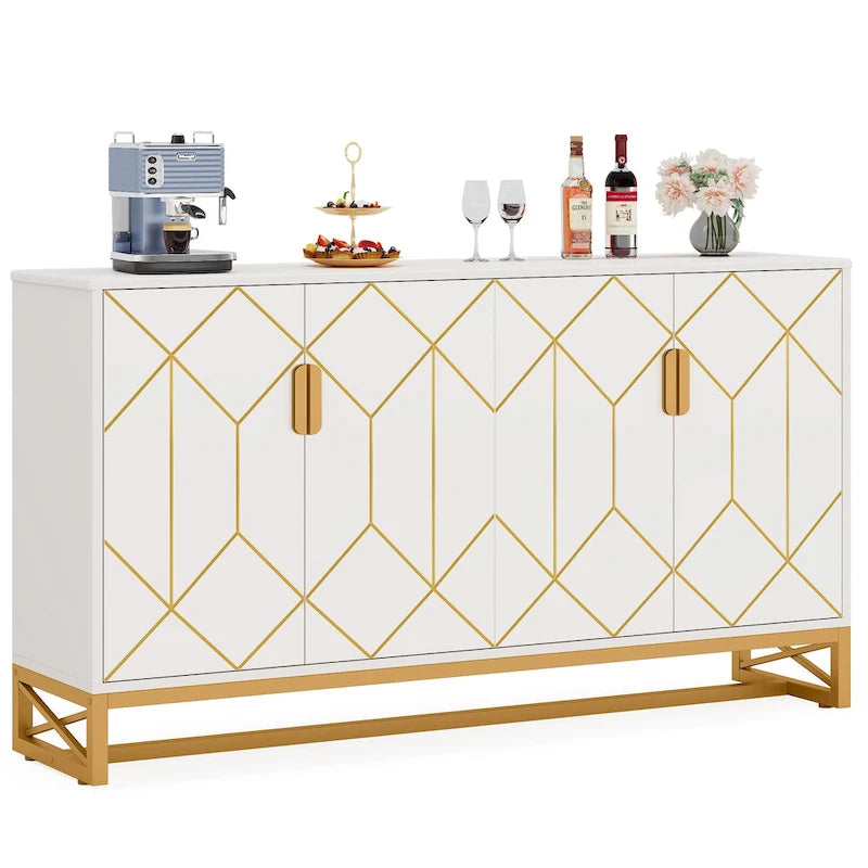 Buffet moderne 4 portes style Mid-Century – Blanc et doré avec pieds en métal