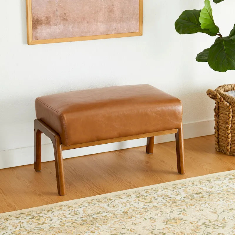 Tabouret d'appoint en similicuir style Mid-Century – Pieds évasés en hévéa, 4 coloris