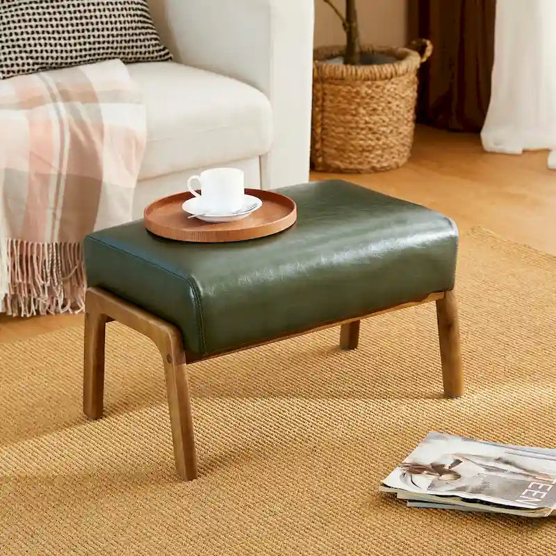 Tabouret d'appoint en similicuir style Mid-Century – Pieds évasés en hévéa, 4 coloris