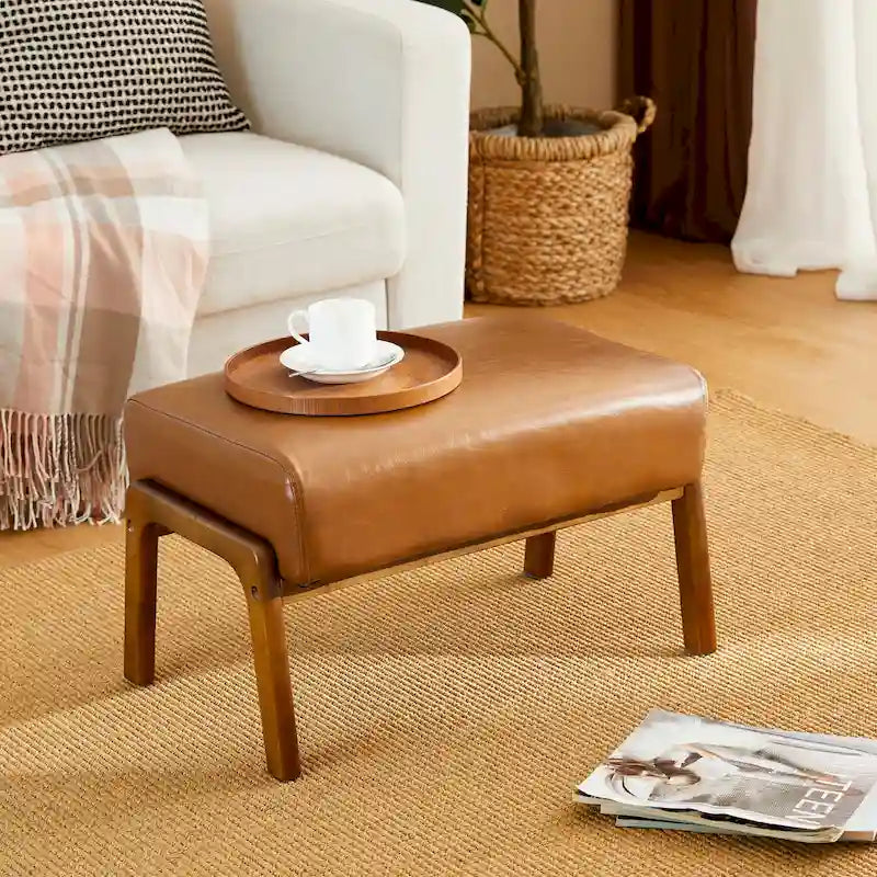 Tabouret d'appoint en similicuir style Mid-Century – Pieds évasés en hévéa, 4 coloris