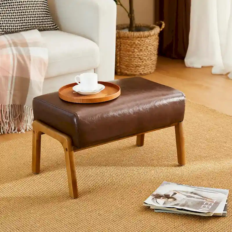 Tabouret d'appoint en similicuir style Mid-Century – Pieds évasés en hévéa, 4 coloris