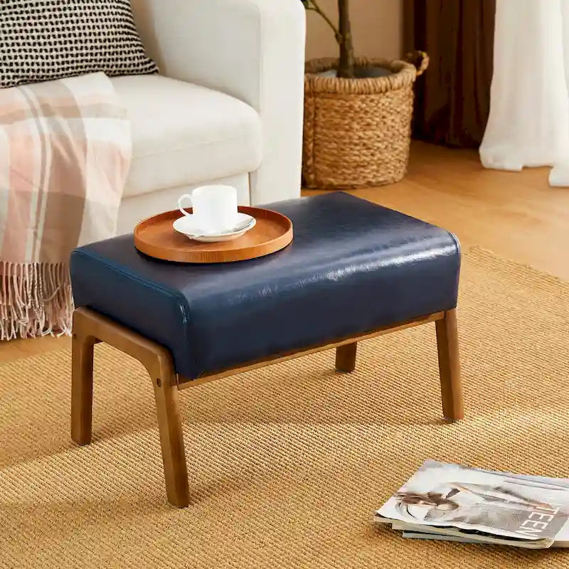 Tabouret d'appoint en similicuir style Mid-Century – Pieds évasés en hévéa, 4 coloris