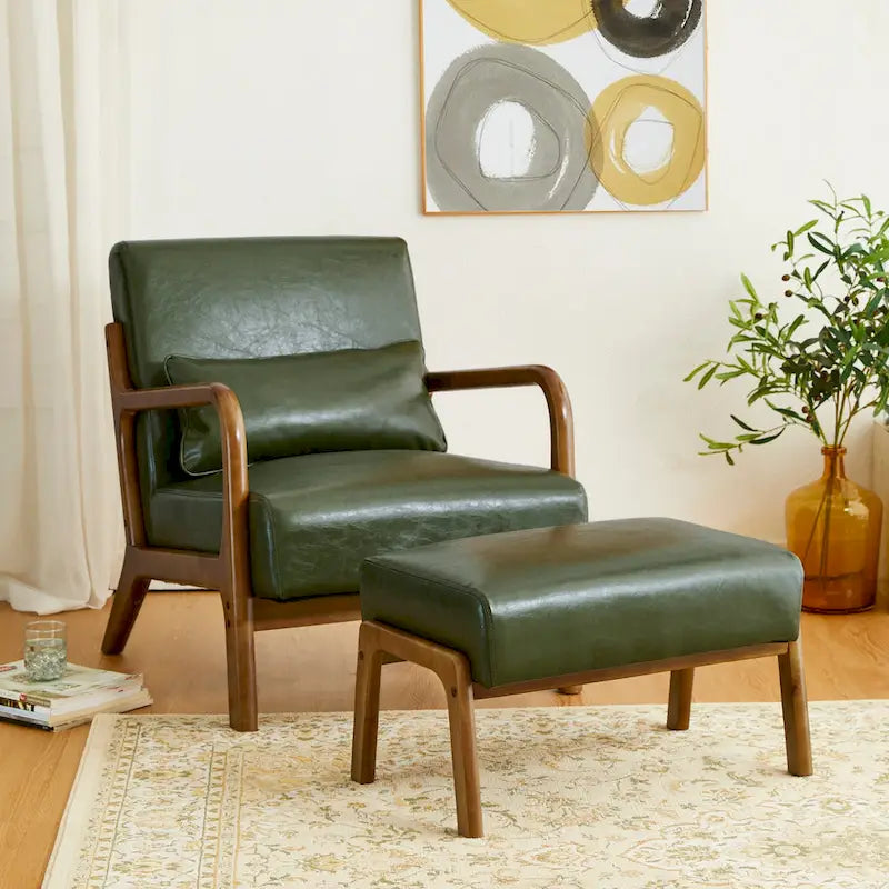 Tabouret d'appoint en similicuir style Mid-Century – Pieds évasés en hévéa, 4 coloris