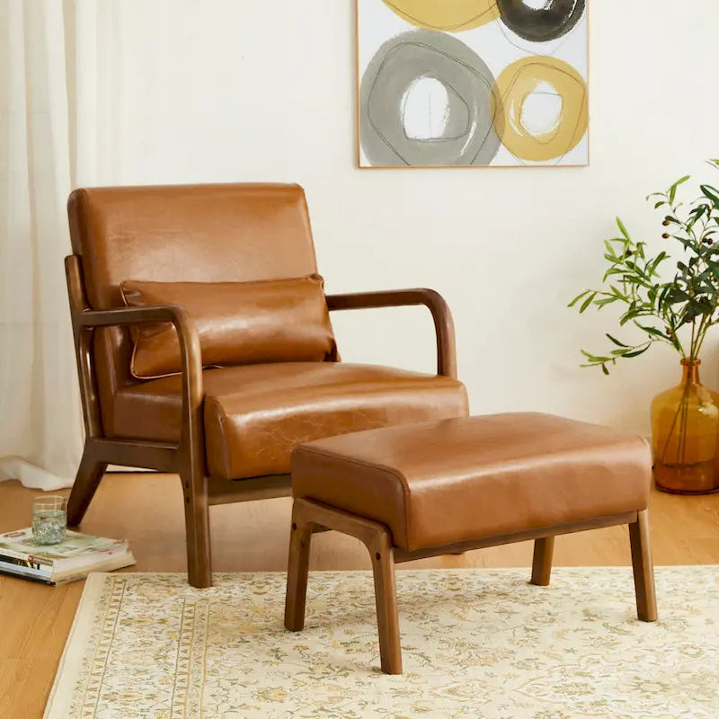 Tabouret d'appoint en similicuir style Mid-Century – Pieds évasés en hévéa, 4 coloris