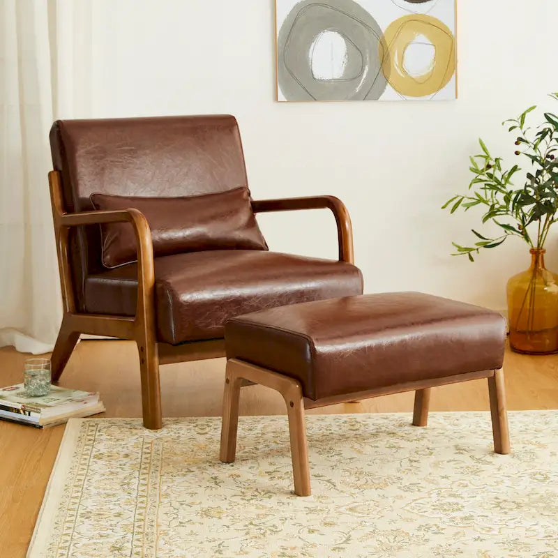 Tabouret d'appoint en similicuir style Mid-Century – Pieds évasés en hévéa, 4 coloris