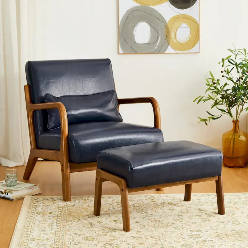 Tabouret d'appoint en similicuir style Mid-Century – Pieds évasés en hévéa, 4 coloris