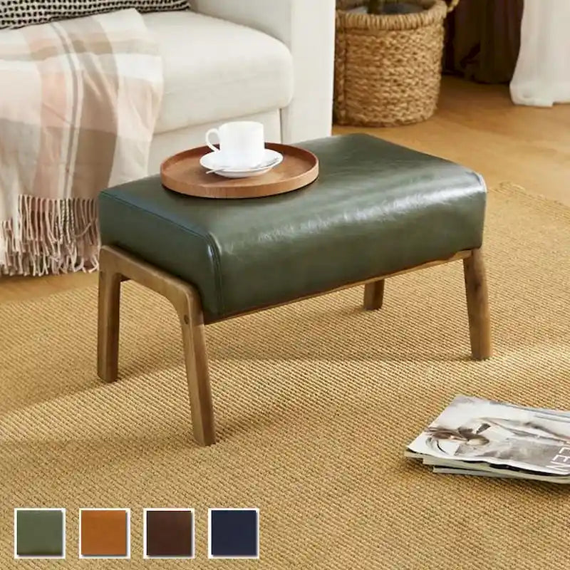 Tabouret d'appoint en similicuir style Mid-Century – Pieds évasés en hévéa, 4 coloris