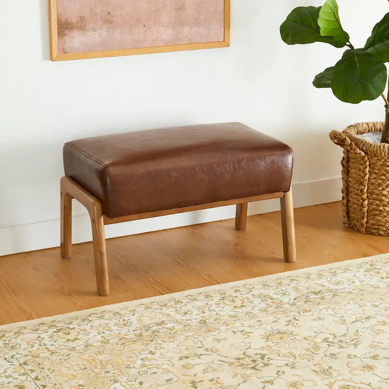 Tabouret d'appoint en similicuir style Mid-Century – Pieds évasés en hévéa, 4 coloris