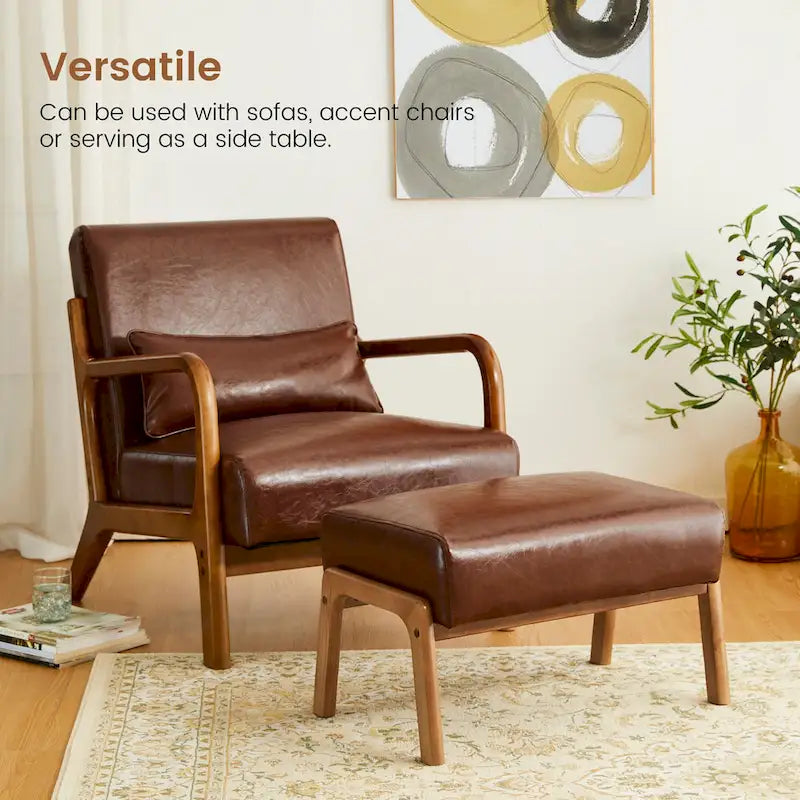Tabouret d'appoint en similicuir style Mid-Century – Pieds évasés en hévéa, 4 coloris