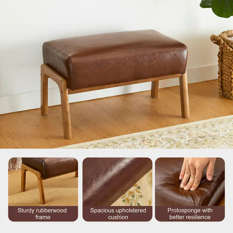 Tabouret d'appoint en similicuir style Mid-Century – Pieds évasés en hévéa, 4 coloris