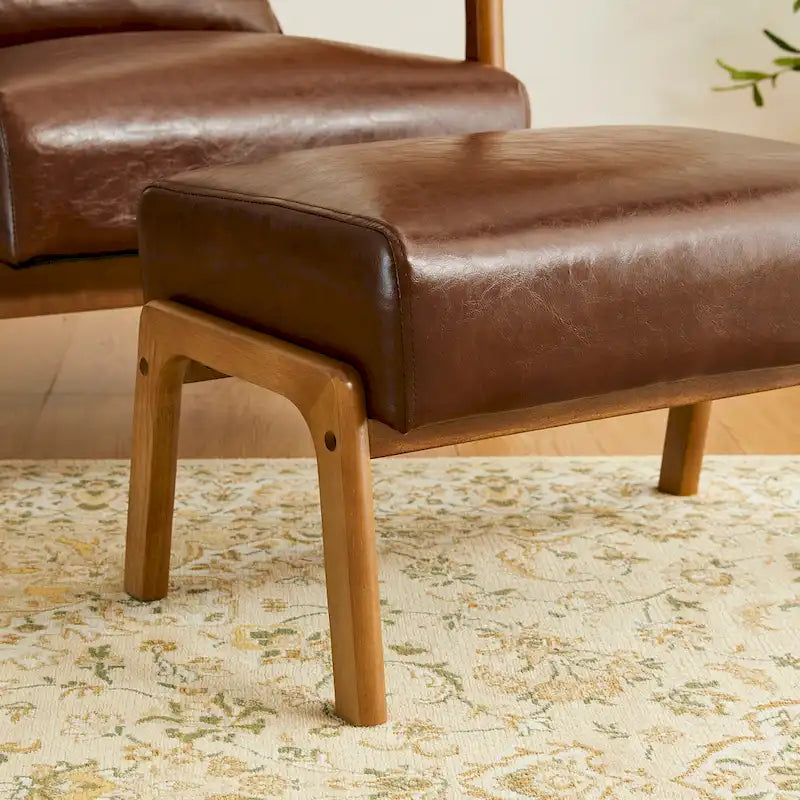 Tabouret d'appoint en similicuir style Mid-Century – Pieds évasés en hévéa, 4 coloris