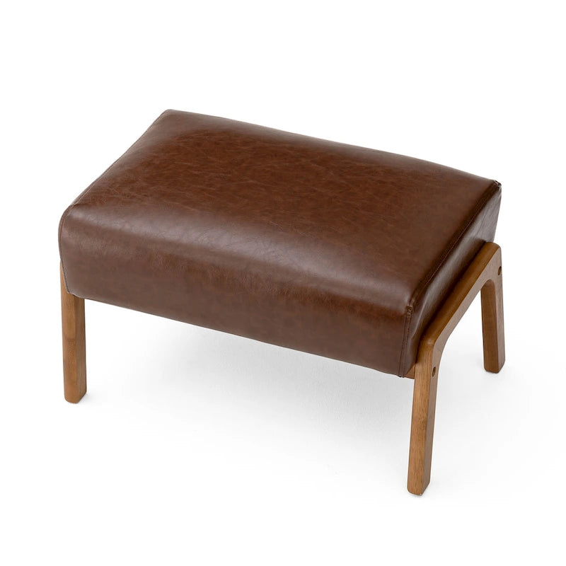 Tabouret d'appoint en similicuir style Mid-Century – Pieds évasés en hévéa, 4 coloris