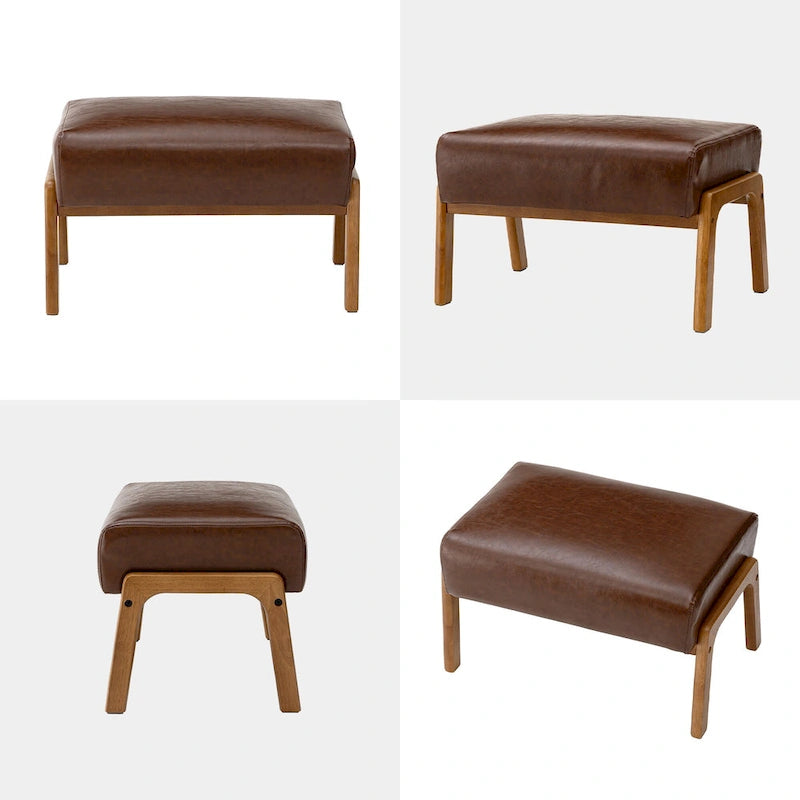 Tabouret d'appoint en similicuir style Mid-Century – Pieds évasés en hévéa, 4 coloris