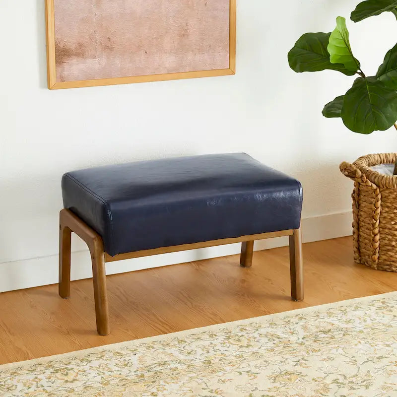 Tabouret d'appoint en similicuir style Mid-Century – Pieds évasés en hévéa, 4 coloris