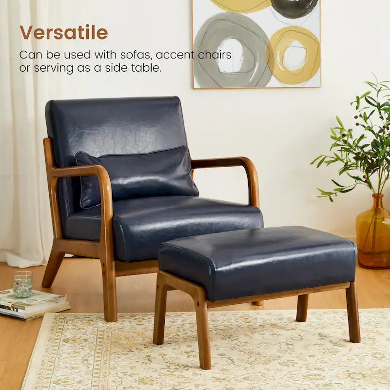 Tabouret d'appoint en similicuir style Mid-Century – Pieds évasés en hévéa, 4 coloris