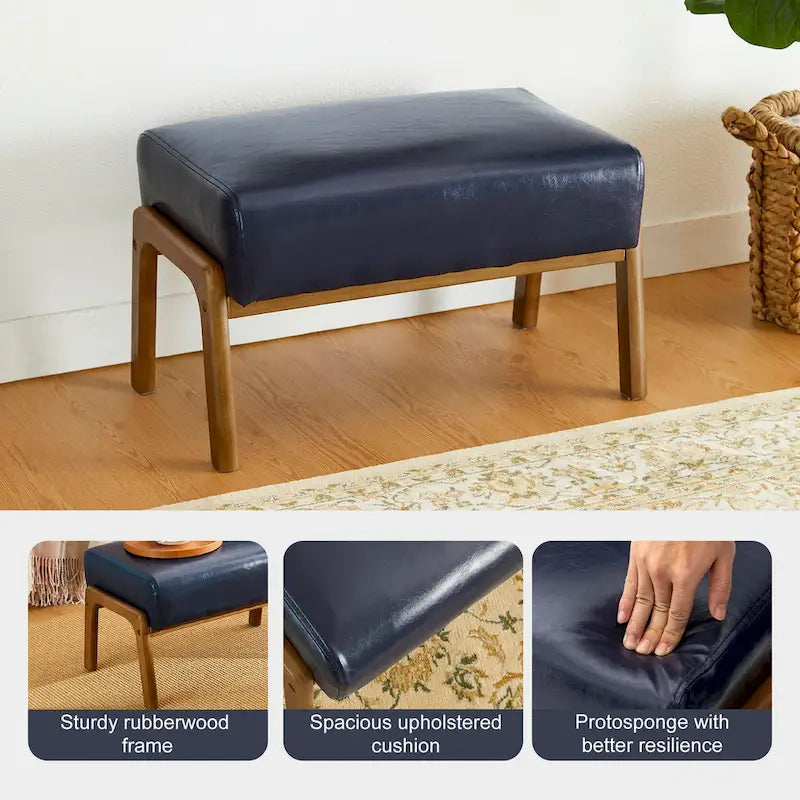 Tabouret d'appoint en similicuir style Mid-Century – Pieds évasés en hévéa, 4 coloris