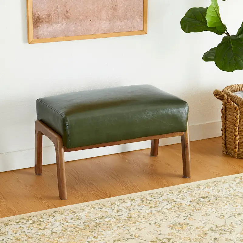 Tabouret d'appoint en similicuir style Mid-Century – Pieds évasés en hévéa, 4 coloris