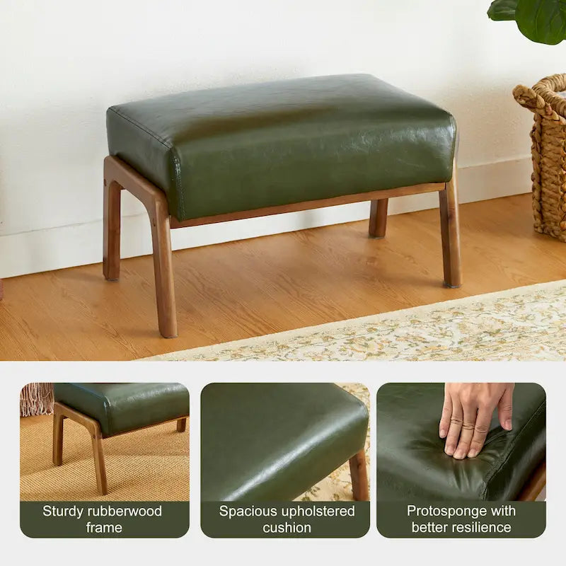 Tabouret d'appoint en similicuir style Mid-Century – Pieds évasés en hévéa, 4 coloris