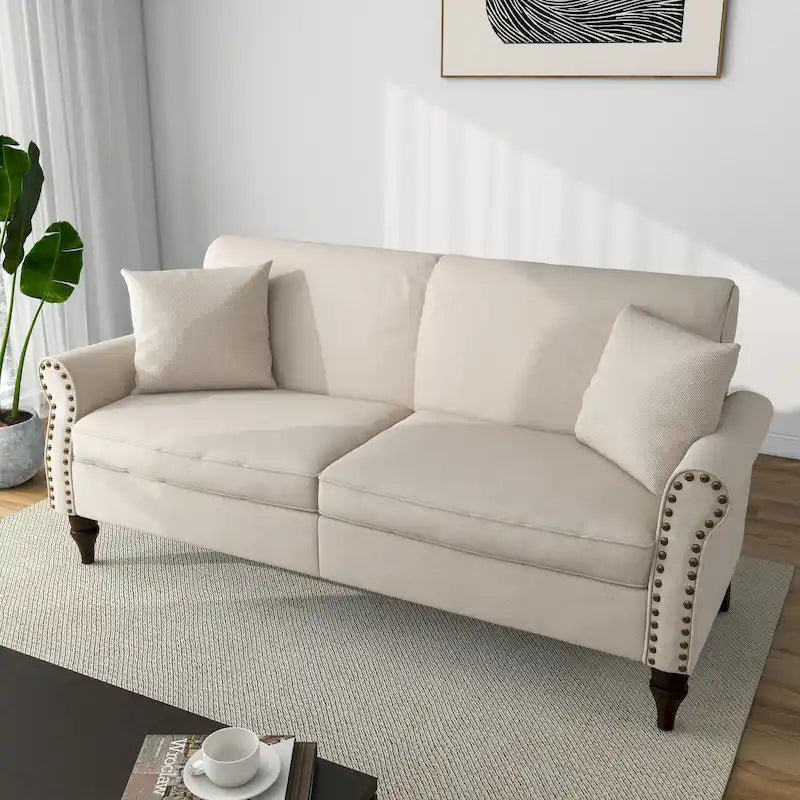 Causeuse cloutée Mid-Century – 73" en lin avec accoudoirs roulés