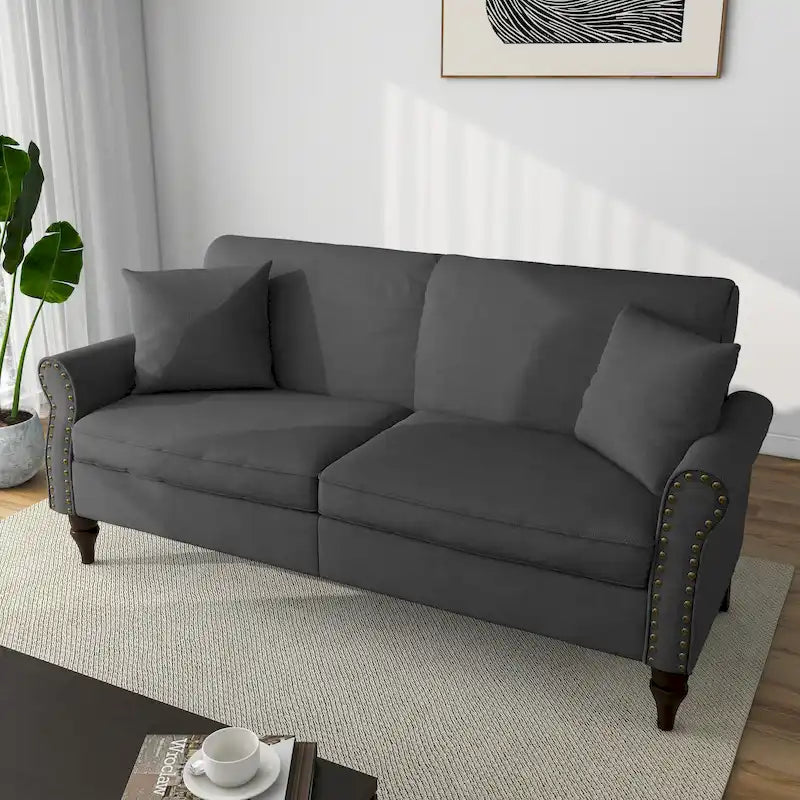 Causeuse cloutée Mid-Century – 73" en lin avec accoudoirs roulés