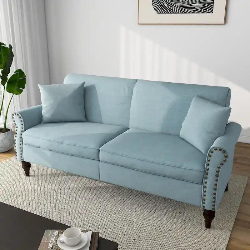 Causeuse cloutée Mid-Century – 73" en lin avec accoudoirs roulés