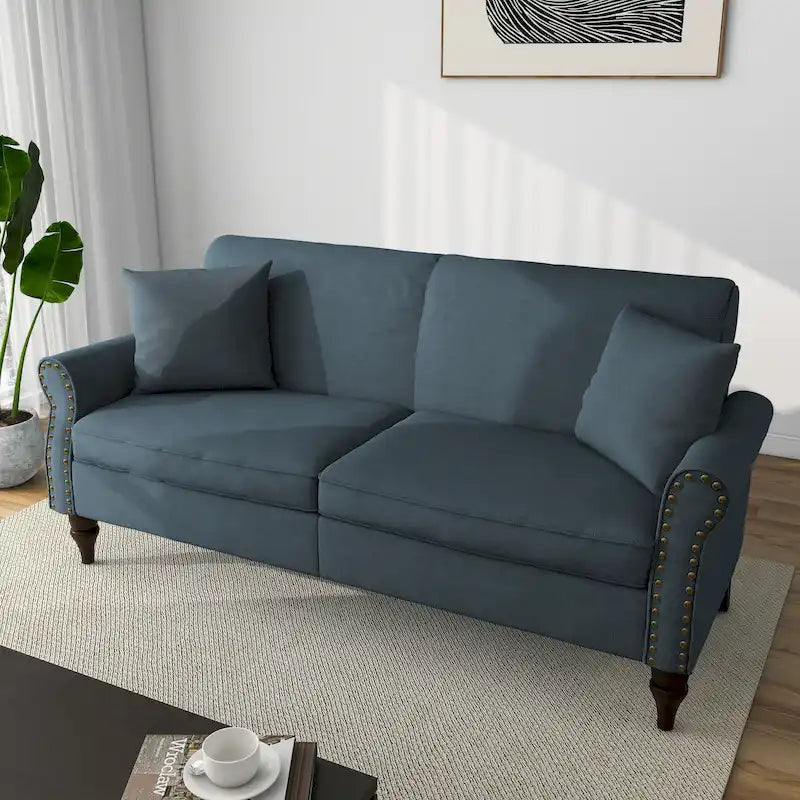 Causeuse cloutée Mid-Century – 73" en lin avec accoudoirs roulés