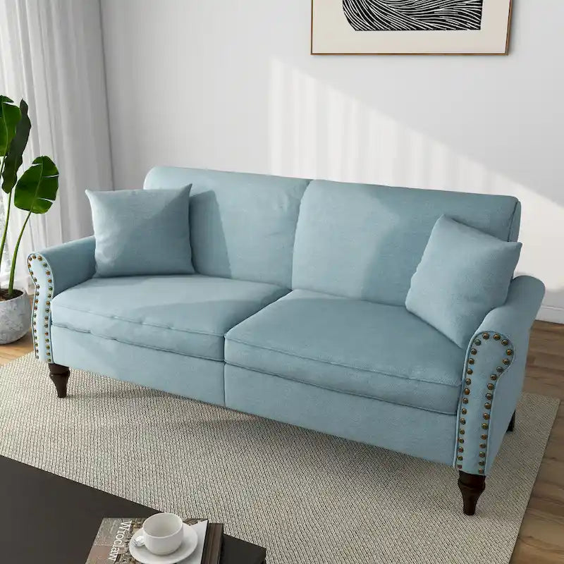 Causeuse cloutée Mid-Century – 73" en lin avec accoudoirs roulés