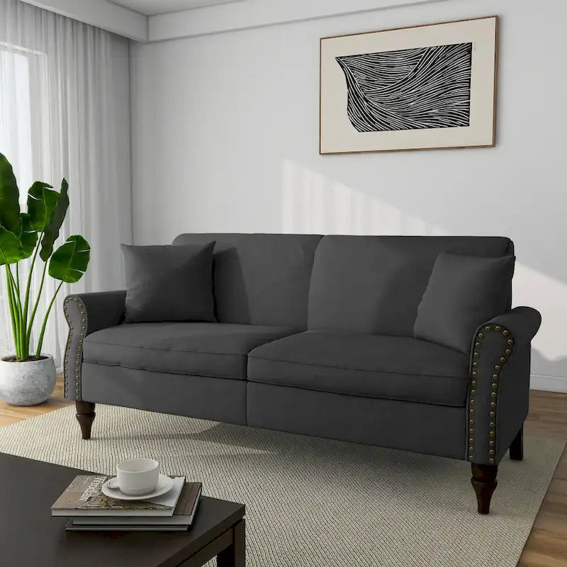 Causeuse cloutée Mid-Century – 73" en lin avec accoudoirs roulés
