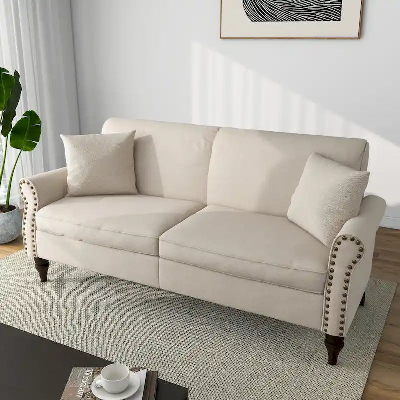 Causeuse cloutée Mid-Century – 73" en lin avec accoudoirs roulés