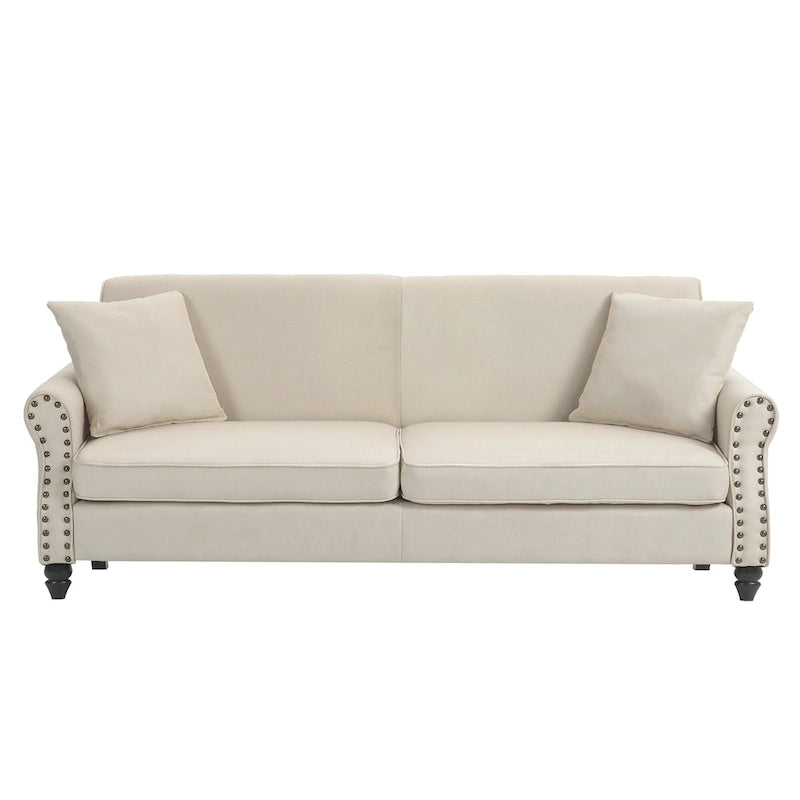 Causeuse cloutée Mid-Century – 73" en lin avec accoudoirs roulés