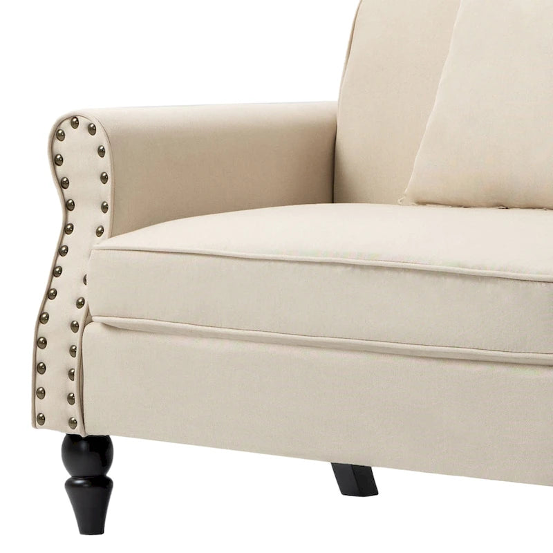 Causeuse cloutée Mid-Century – 73" en lin avec accoudoirs roulés