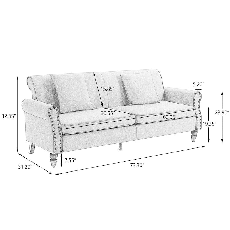Causeuse cloutée Mid-Century – 73" en lin avec accoudoirs roulés